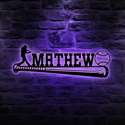 Baseball Player LED Metal Wall Art, Custom Name Sign, Personalized Sports Room, Game Room Decor, Gift for Athlete, Fan, or Baseball Coach