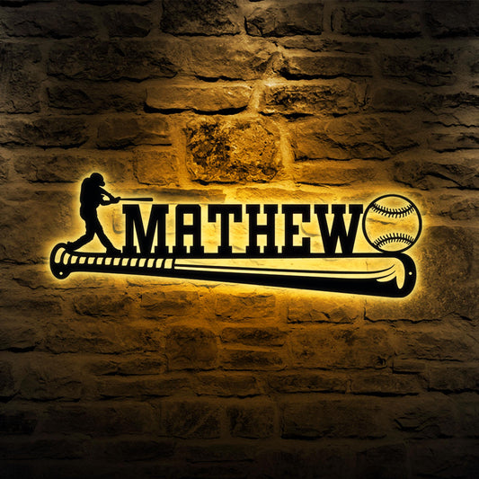 Baseball Player LED Metal Wall Art, Custom Name Sign, Personalized Sports Room, Game Room Decor, Gift for Athlete, Fan, or Baseball Coach