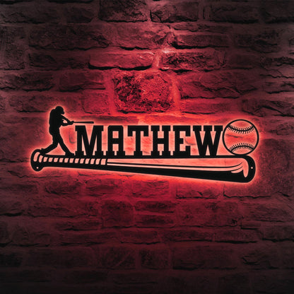 Baseball Player LED Metal Wall Art, Custom Name Sign, Personalized Sports Room, Game Room Decor, Gift for Athlete, Fan, or Baseball Coach