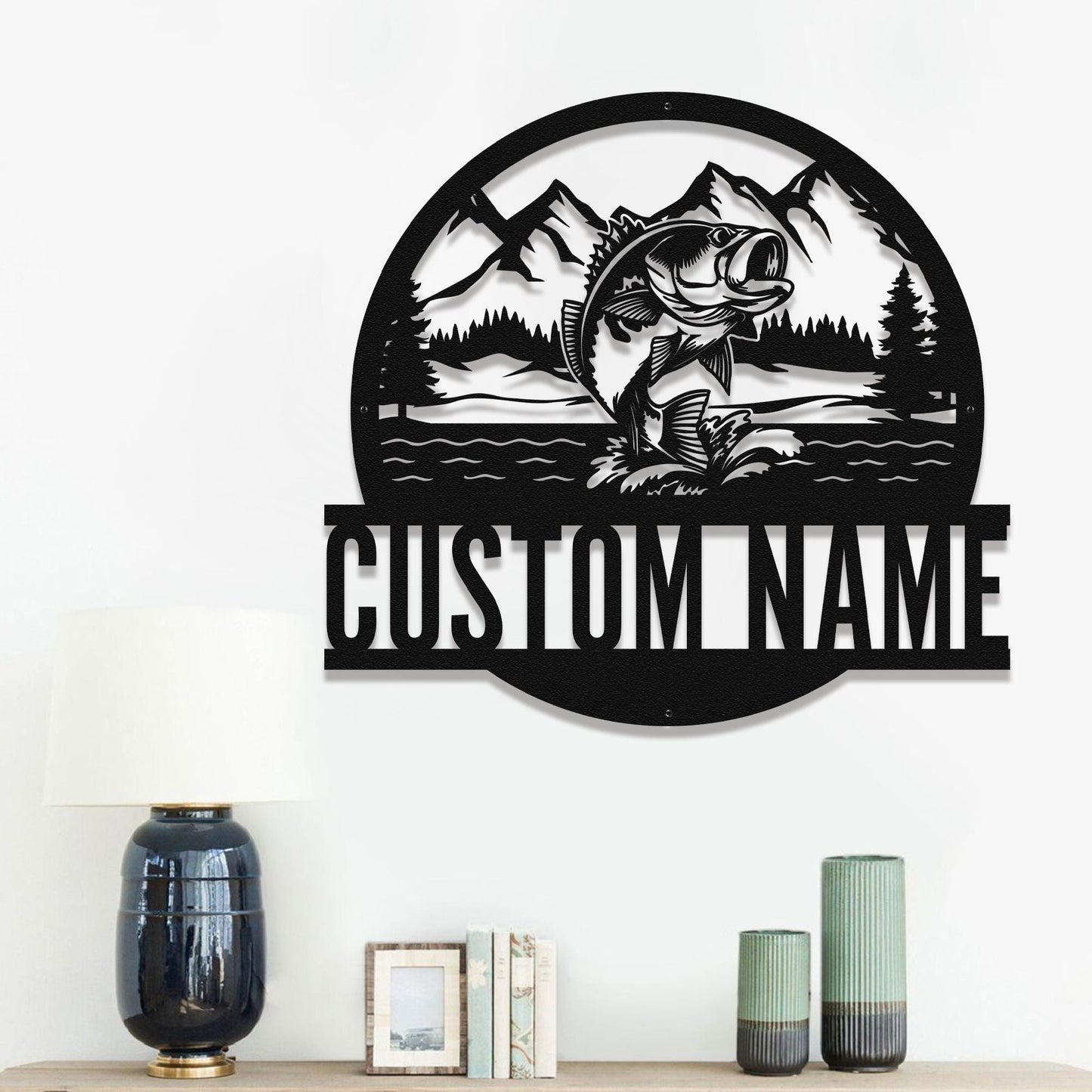 Personalized Fishing Wall Sign – Custom Metal Art with Fish, Mountains & Forest, Rustic Cabin or Lodge Decor, Gift for Anglers and Outdoors