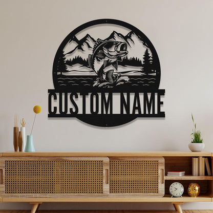 Personalized Fishing Wall Sign – Custom Metal Art with Fish, Mountains & Forest, Rustic Cabin or Lodge Decor, Gift for Anglers and Outdoors