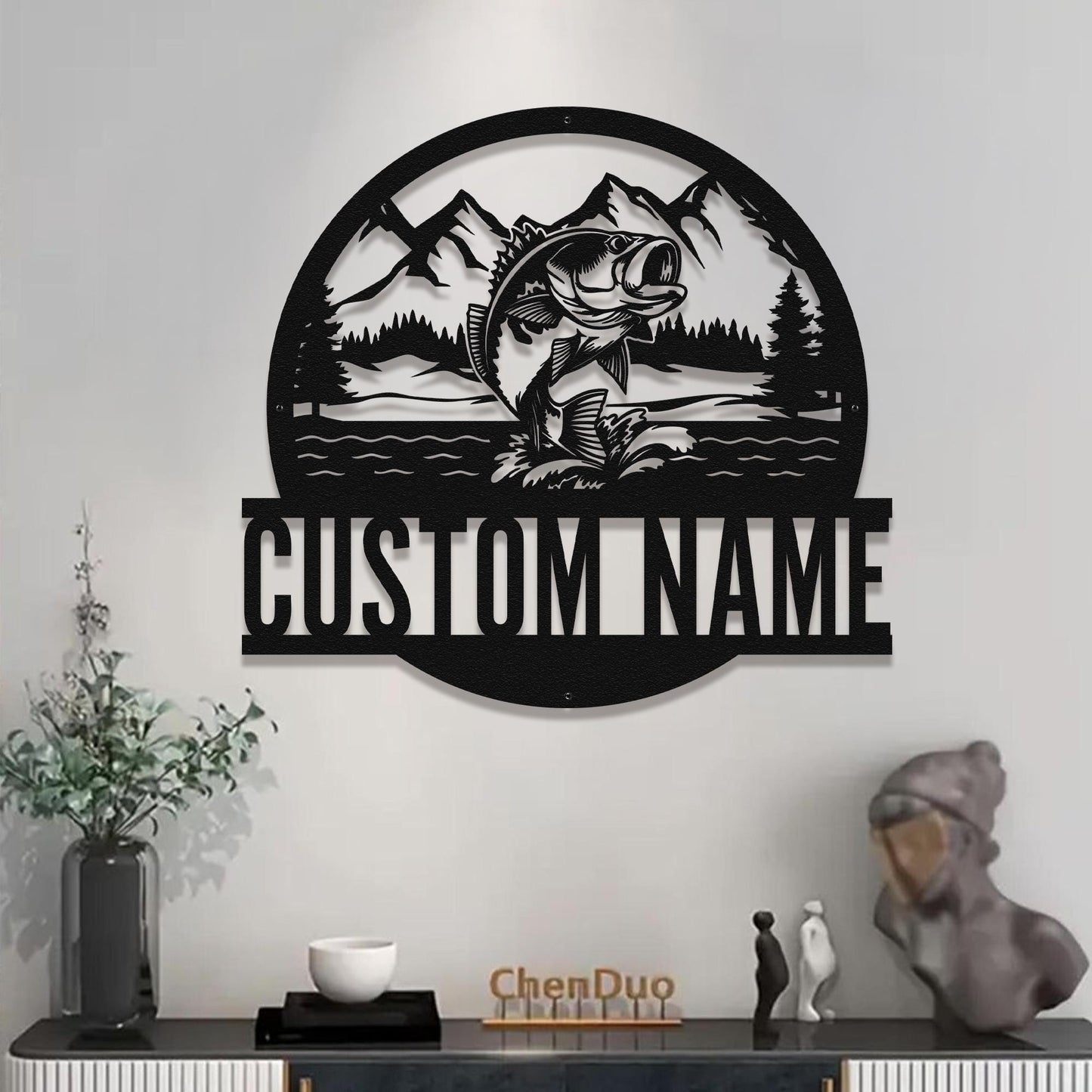 Personalized Fishing Wall Sign – Custom Metal Art with Fish, Mountains & Forest, Rustic Cabin or Lodge Decor, Gift for Anglers and Outdoors