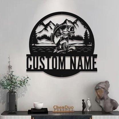 Personalized Fishing Wall Sign – Custom Metal Art with Fish, Mountains & Forest, Rustic Cabin or Lodge Decor, Gift for Anglers and Outdoors