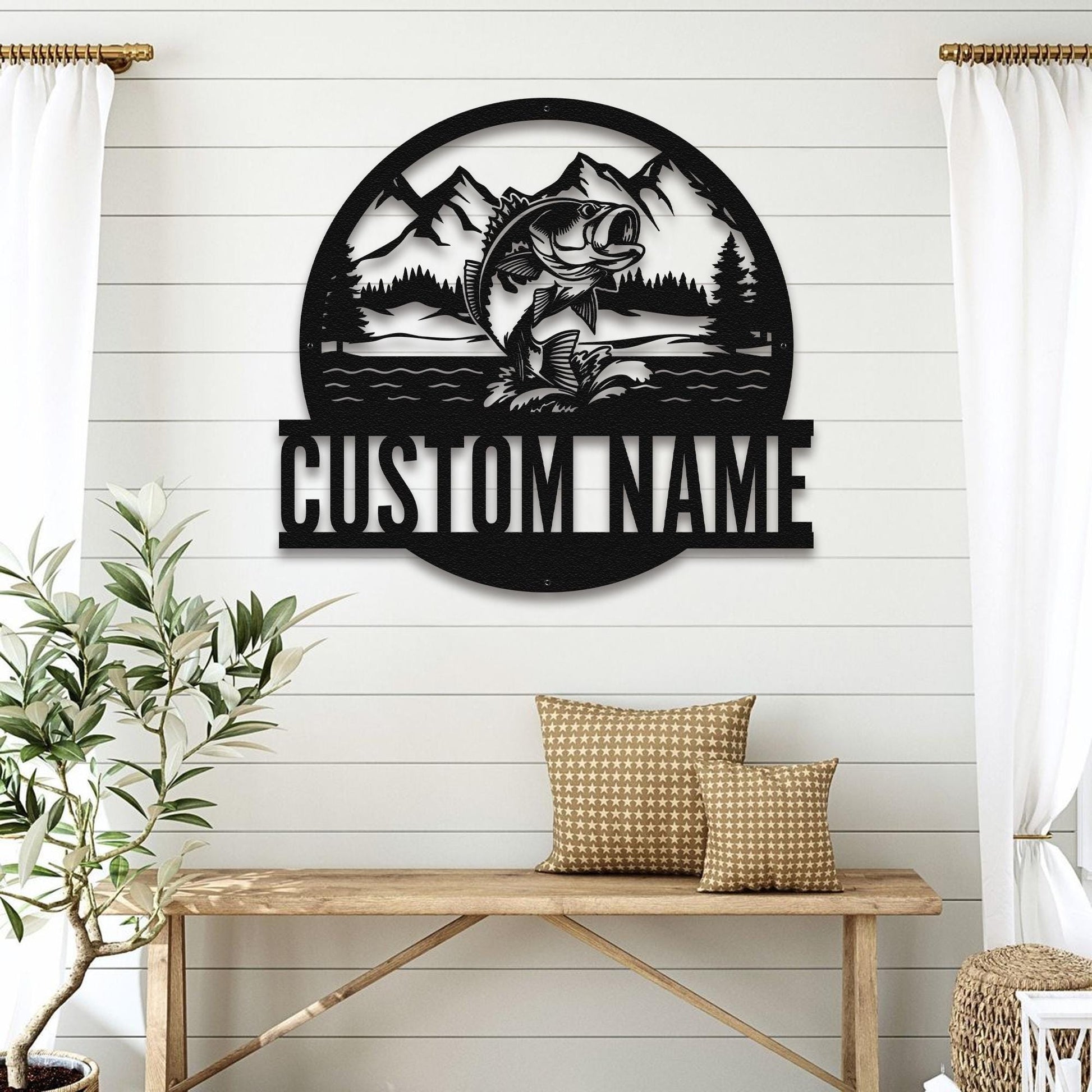 Personalized Fishing Wall Sign – Custom Metal Art with Fish, Mountains & Forest, Rustic Cabin or Lodge Decor, Gift for Anglers and Outdoors