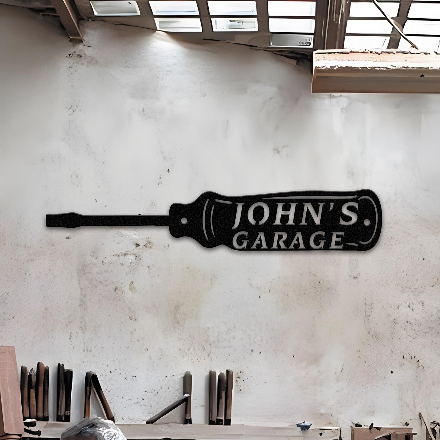 Rustic Garage Metal Sign – Personalized Screwdriver Wall Art, Custom Workshop Decor, Gift for Mechanic, Car Enthusiast, or Handyman