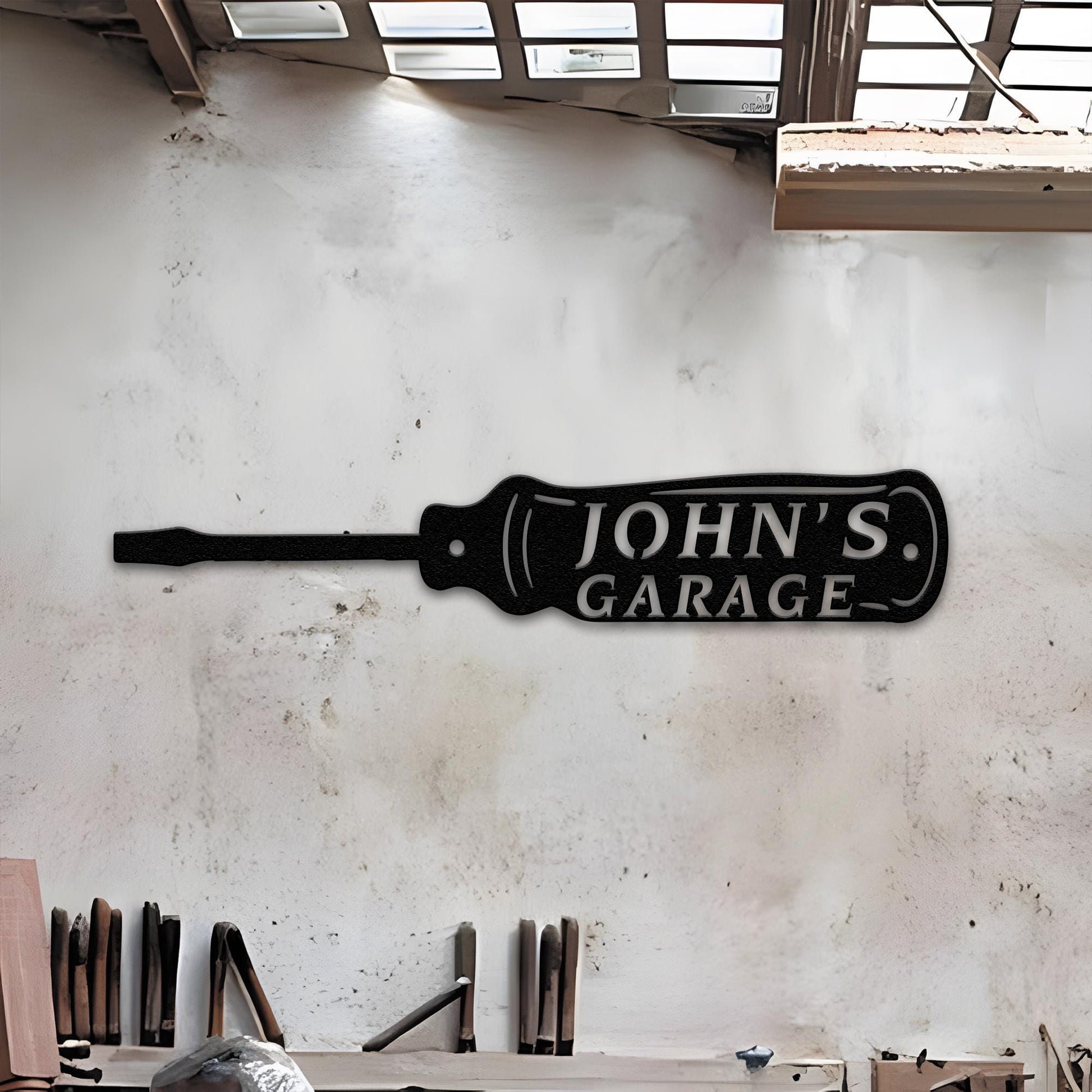 Rustic Garage Metal Sign – Personalized Screwdriver Wall Art, Custom Workshop Decor, Gift for Mechanic, Car Enthusiast, or Handyman