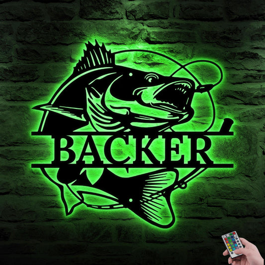 Personalized Walleye Fish Metal Sign with LED Light – Custom Wall Decor, Perfect Fishing Lover Gift, Anniversary or Cabin Present