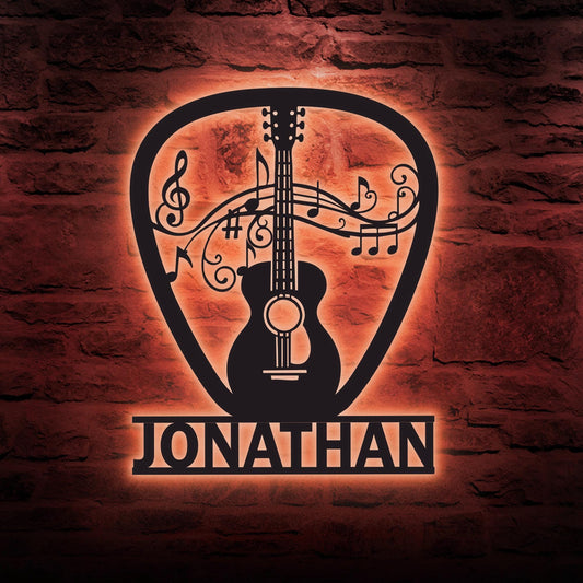 Custom Guitarist LED Metal Sign – Personalized Guitar Pick Wall Art, Music Room or Studio Decor, Great Xmas or Birthday Gift for Players