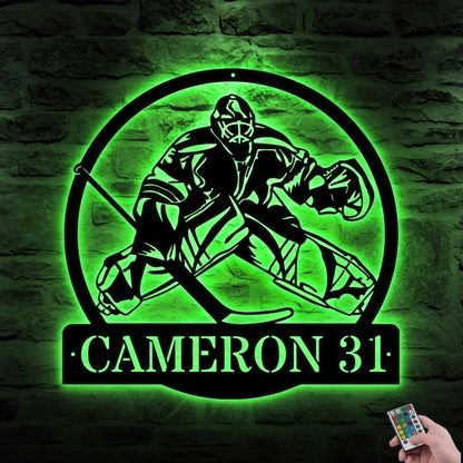 Custom Hockey Goalie LED Metal Wall Art – Personalized Hockey Name Sign, Sports Wall Decor, Man Cave or Game Room Sign, Gift for Dad