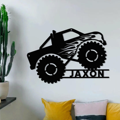 Personalized Monster Truck LED Metal Sign – Custom Nursery or Kids Room Wall Art, Fun Gift for Boys, Christmas or Birthday Present