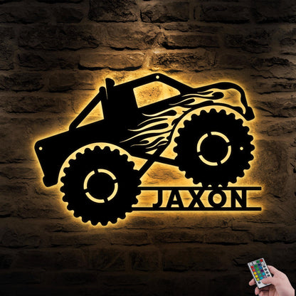 Personalized Monster Truck LED Metal Sign – Custom Nursery or Kids Room Wall Art, Fun Gift for Boys, Christmas or Birthday Present