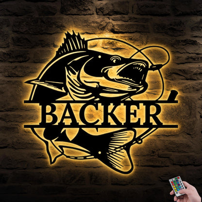 Personalized Walleye Fish Metal Sign with LED Light – Custom Wall Decor, Perfect Fishing Lover Gift, Anniversary or Cabin Present