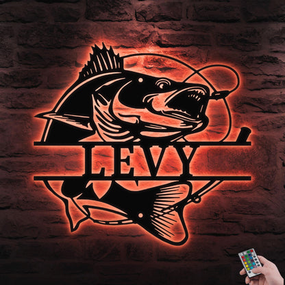 Personalized Walleye Fish Metal Sign with LED Light – Custom Wall Decor, Perfect Fishing Lover Gift, Anniversary or Cabin Present