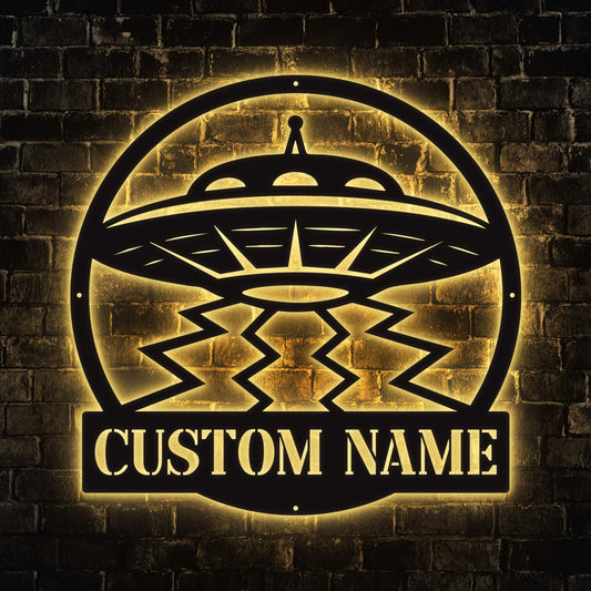Custom UFO Metal Sign with LED Lights – Neon Alien Spaceship Wall Art, Sci-Fi Room Decor, UFO Wall Hanging