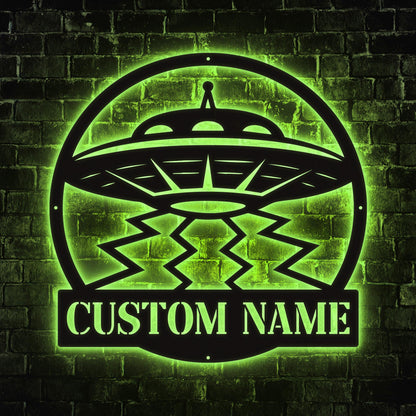 Custom UFO Metal Sign with LED Lights – Neon Alien Spaceship Wall Art, Sci-Fi Room Decor, UFO Wall Hanging