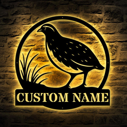 Personalized Quail Metal Wall Art LED – Custom Bird Name Sign, Lighted Rustic Wildlife Decor, Quail Wall Hanging for Home