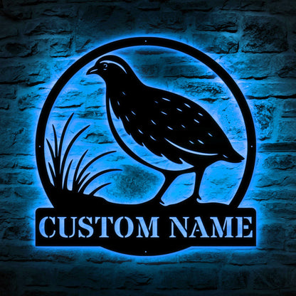 Personalized Quail Metal Wall Art LED – Custom Bird Name Sign, Lighted Rustic Wildlife Decor, Quail Wall Hanging for Home