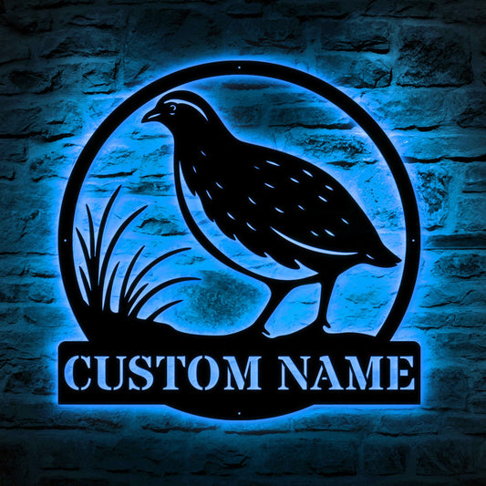 Personalized Quail Metal Wall Art LED – Custom Bird Name Sign, Lighted Rustic Wildlife Decor, Quail Wall Hanging for Home